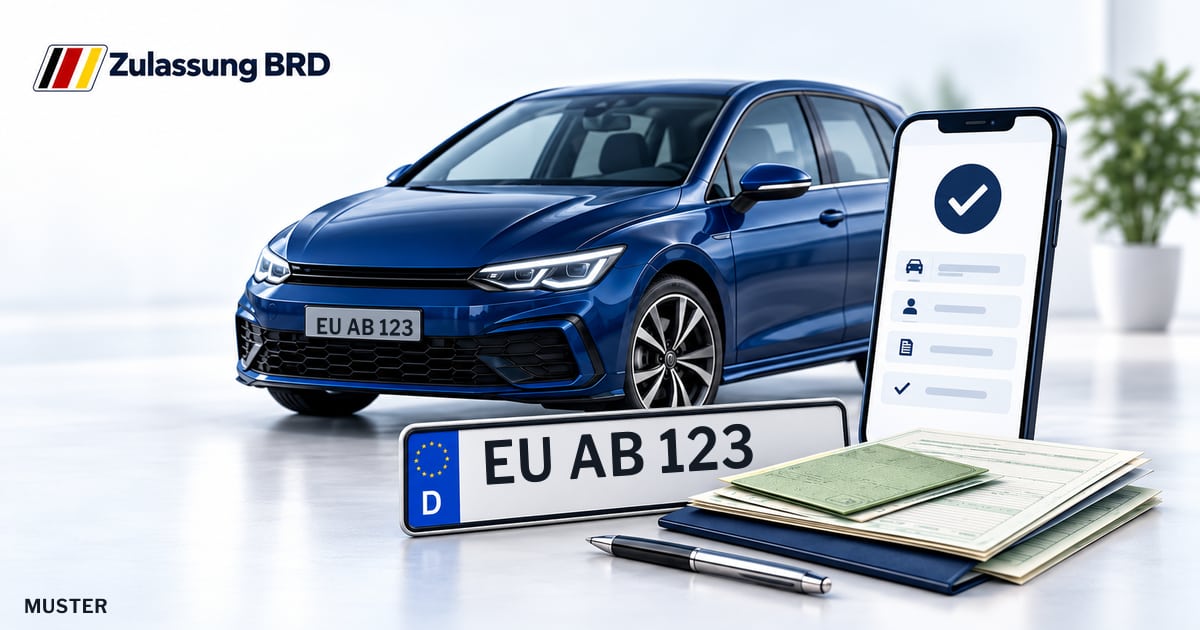 Online Fahrzeugzulassung in Weilerswist: Musterkennzeichen EU AB 123, Auto und Fahrzeugpapiere und Smartphone. Illustration mit Logo von Zulassung BRD.
